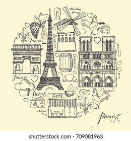 Sketches traditional symbols of the French architecture, culture, kitchen