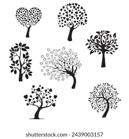 Sketches of trees with leaves in the shape of hearts. Vector set EPS 10