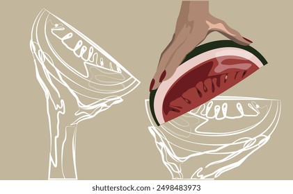 Sketches of triangle shape watermelon pieces with full color illustration of the same. Colorful background.