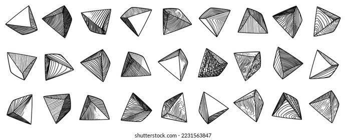 Sketches of triangular volumetric figures, pyramidal forms. Ink drawing. Isolated design elements for poster, cover, flyer.