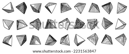 Sketches of triangular volumetric figures, pyramidal forms. Ink drawing. Isolated design elements for poster, cover, flyer.