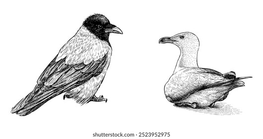 Esboços de dois pássaros, gaivota, corvo, desenho à mão realista, ilustração vetorial isolado no branco