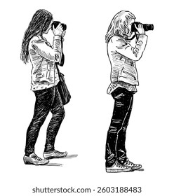 Sketches of two casual city girls   photographing on camera outdoors, realistic hand drawn vector illustration