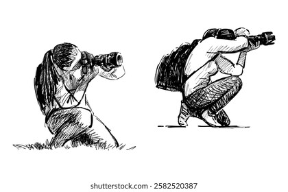 Sketches of two casual girls photographers taking pictures on camera, crouched, photographing outdoors, realistic hand drawing, vector illustration, isolated on white