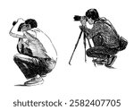 Sketches of two casual men photographers taking pictures on camera, crouched, photographing outdoors, realistic hand drawing, vector illustration, isolated on white