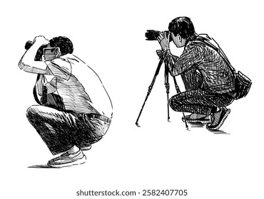 Sketches of two casual men photographers taking pictures on camera, crouched, photographing outdoors, realistic hand drawing, vector illustration, isolated on white