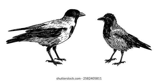 Sketches of two crow birds, chick, standing, realistic hand drawn vector illustration isolated on white