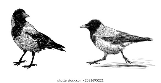 Sketches of two crow birds, running, standing, realistic hand drawn vector illustration isolated on white