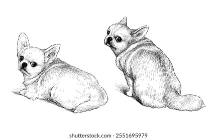 Esboços de dois cães chihuahua bonito olhando para trás, ilustração desenhada à mão realista isolado no branco