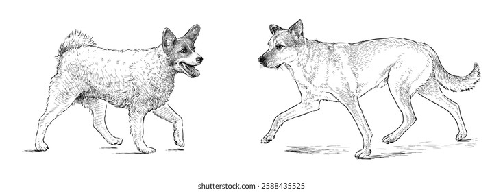 Sketches of two cute dogs walking outdoors, realistic hand drawing, vector illustration isolated on white