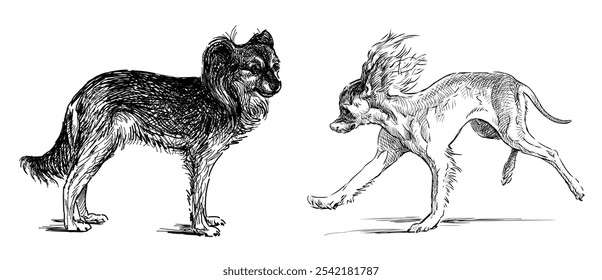 Esboços de dois cães chihuahua engraçado bonito de pé e correndo ao ar livre, ilustração vetor desenhado à mão realista