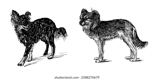 Sketches of two cute pedigree lap dogs, chihuahua, realistic hand drawing, vector illustration isolated on white