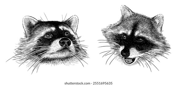 Esboços de duas cabeças de raccons bonitos, retratos de animais, ilustração desenhada à mão realista isolado no branco