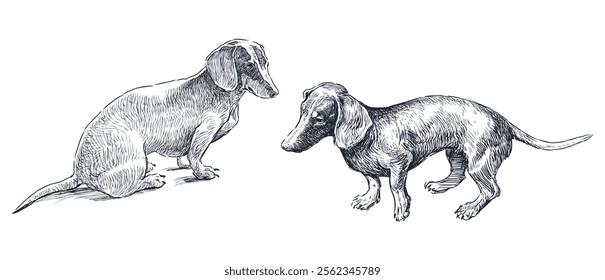 Sketches of two dachshund dogs, realistic hand drawing, vector illustration