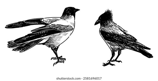 Sketches of two different crow birds standing, realistic hand drawn vector illustration isolated on white