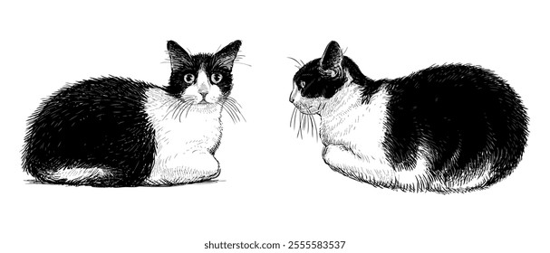 Sketches of two domestic cats, lying watching, black and white, realistic hand drawn illustration isolated on white