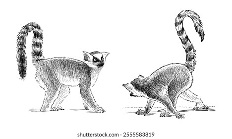 Sketches of two funny playful lemurs monkeys with striped long tails, realistic hand drawn illustration isolated on white