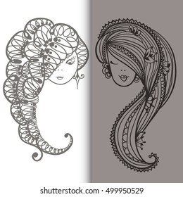 Sketches of two girls with long hairstyles. Curls, waves and flowers in her hair. Vector illustration in doodle style.