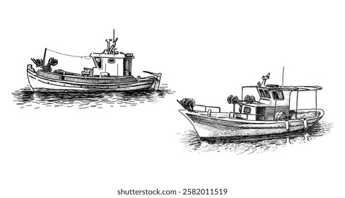 Sketches of two greece fishing boats in sea, realistic hand drawings, vector illustration isolated on white