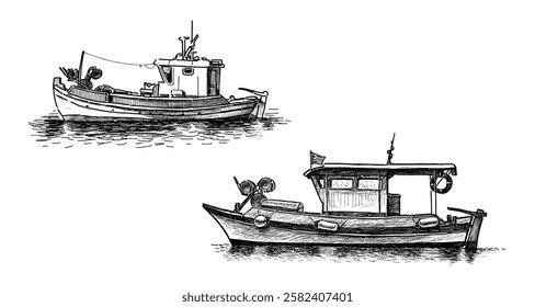 Sketches of two greece fishing boats in sea, realistic hand drawings, vector illustration isolated on white