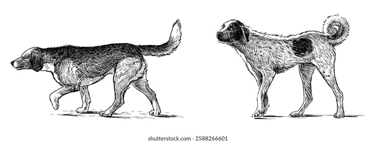 Sketches of two hunting dogs walking, realistic hand drawing, vector illustration isolated on white