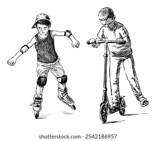 Sketches of two little boys riding scooter and roller skates, competition, realistic hand drawing, vector illustration