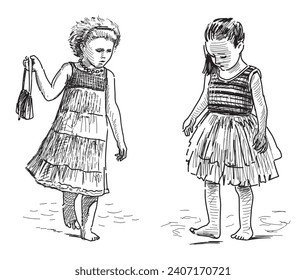 Sketches of two little cute girls in summer dresses walking barefoot on beach by sea, hand drawn vector illustration