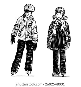Sketches of two little girls skating on rink, front view, realistic hand drawn vector illustration