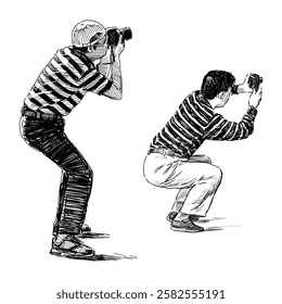 Sketches of two men photographers taking pictures on cameras, crouched, photographing outdoors, realistic hand drawing, vector illustration, isolated on white