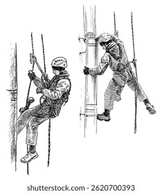 Sketches of two men steeplejack in workwear at construction job, vector realistic hand drawn illustration isolated on white