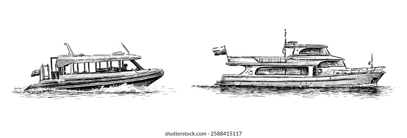 Sketches of two motorboats in water, side view, realistic hand drawings, vector illustration