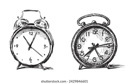 Sketches of two obsolete alarm clocks, vector hand drawing isolated on white
