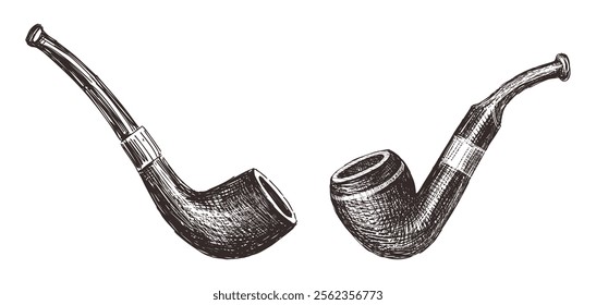 Sketches of two old wooden smoking pipes, realistic hand drawing, vector illustration isolated on white