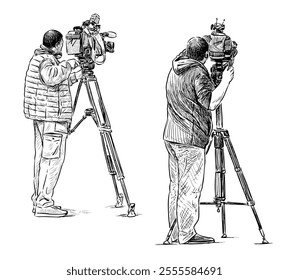 Sketches of two professional cinematographers filming on cameras, realistic hand drawings, vector illustration isolated on white