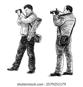 Sketches of two professional photographers taking pictures on camera, vector realistic hand drawing 