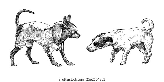 Sketches of two small cute dogs walking, realistic hand drawing, vector illustration