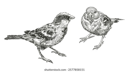 Sketches of two small sparrow birds, realistic hand drawn illustration, vector