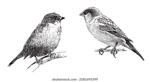 Sketches of two sparrows birds, sit on branch, realistic hand drawn vector illustration isolated on white