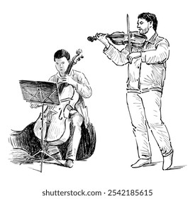 Esboços de dois músicos de rua tocando violino e contrabaixo, buskers dueto, desenho de mão realista, ilustração vetorial