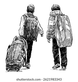 Sketches of two teen boys walking away with backpacks, luggage, trip, travel, back view, realistic hand drawn illustration isolated on white, vector