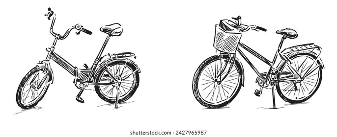 Sketches of two urban bicycles, black and white vector hand drawing isolated on white