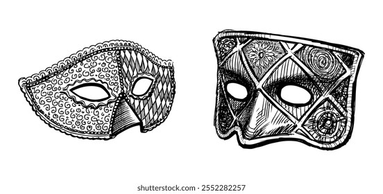 Sketches of two vintage decorative venetian masquerade masks, vector hand drawn illustration isolated on white