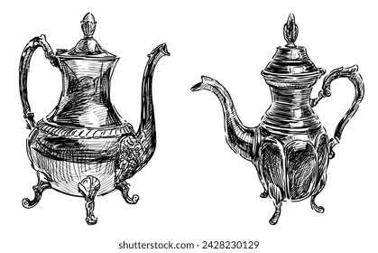 Sketches of two vintage metal coffee pots with handles and covers in oriental style, black and white vector hand drawing isolates on white