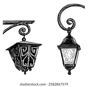 Sketches of two vintage ornate street lamps, antique lanterns, vector hand drawing isolated on white