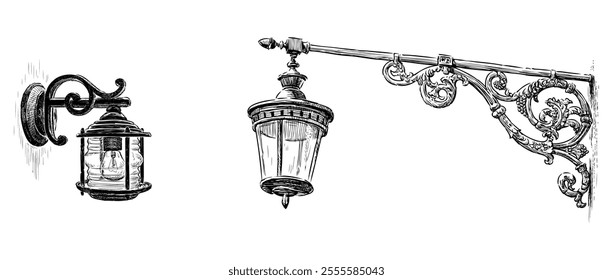 Sketches of two vintage streetlights, ancient lanterns, realistic hand drawings, vector illustration isolated on white