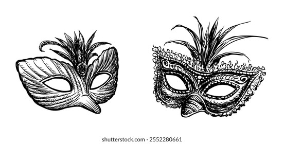 Sketches of two vintage venetian masquerade masks, vector hand drawn illustration isolated on white