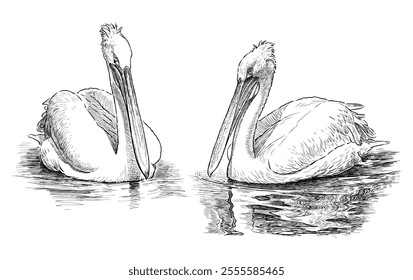 Sketches of two white pelicans floating in water, realistic hand drawn illustration isolated on white