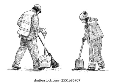 Sketches of two yard sweepers, gardeners, janitors with broom, scoop, at work, side view, realistic hand drawn vector illustration isolated on white