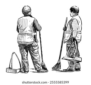 Sketches of two yard sweepers, gardeners, janitors with shovels and brooms standing and looking away, realistic hand drawn vector illustration isolated on white