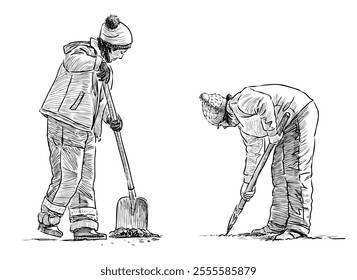 Sketches of two yard sweepers, gardeners, janitors with shovels at work, side view, realistic hand drawn vector illustration isolated on white